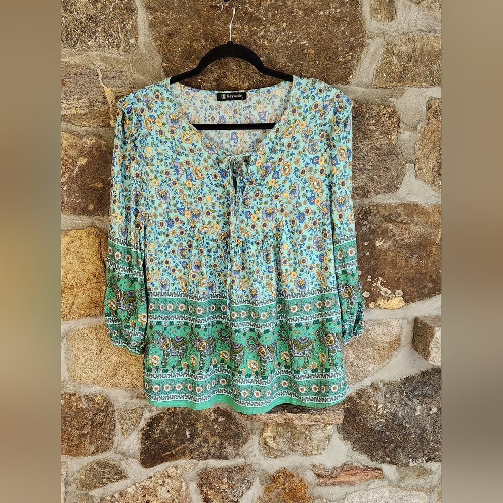 KAYWIDE Women's Floral Print Casual Chic Boho V Neck Top Loose Long Sleeve Small